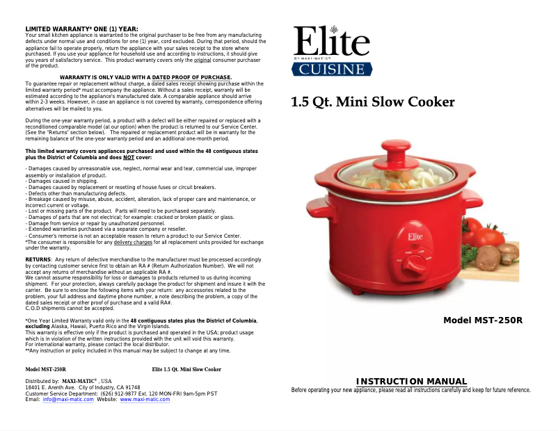 Page n°1 - Manuel utilisateur Maxi-Matic MST-250XS