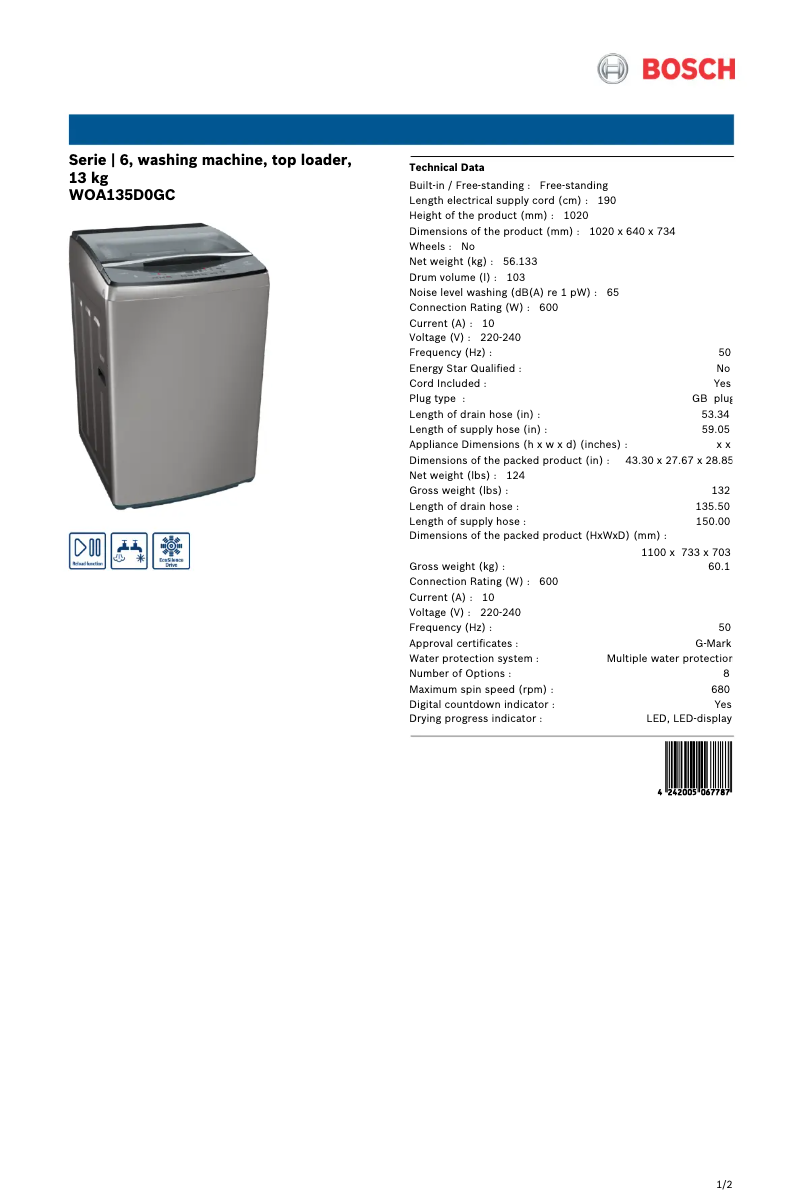 Page n°1 - Fiche technique Bosch WOA135D0GC