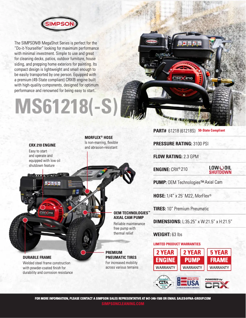 Page 1 de la notice Fiche technique Simpson Megashot MS61218S