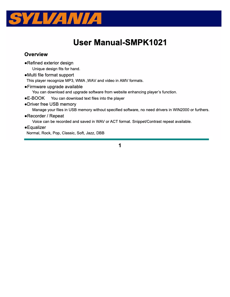 Page n°1 - Manuel utilisateur Sylvania SMPK1021