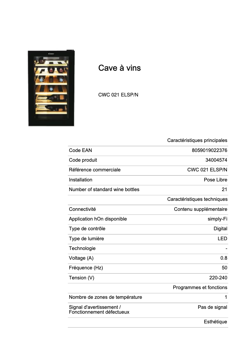 Page 1 de la notice Fiche technique Candy CWC 021 ELSP