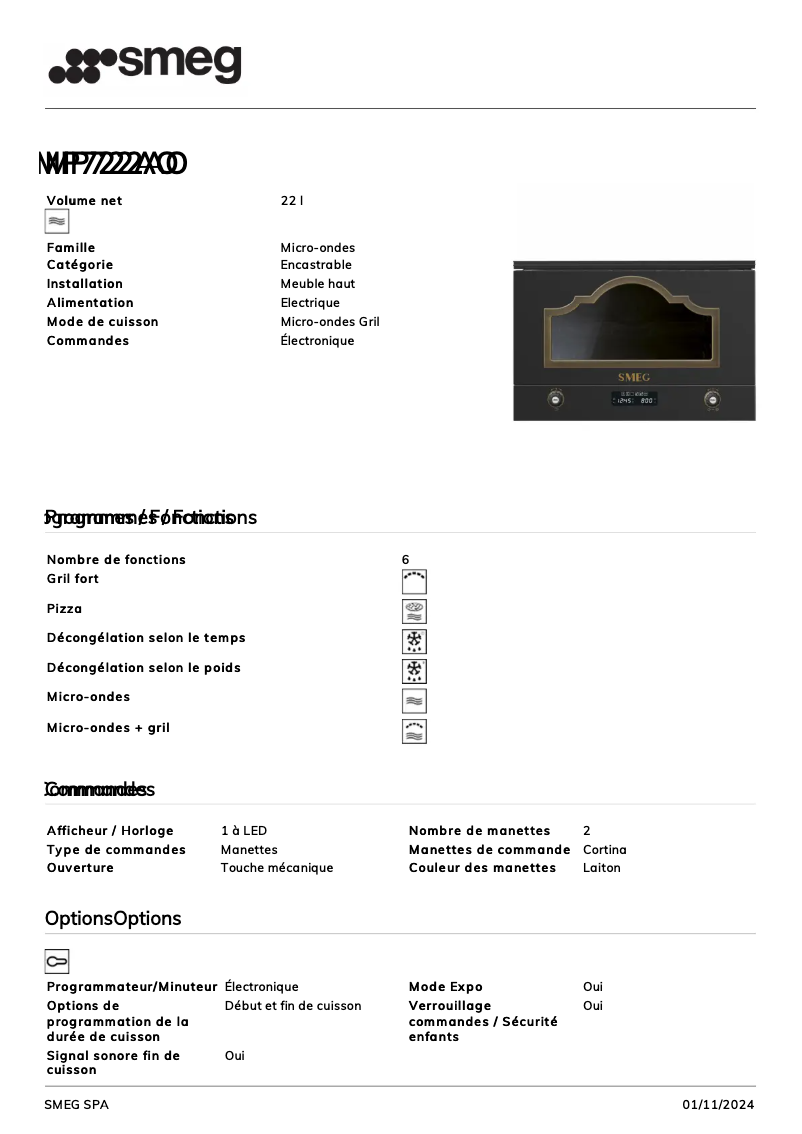 Página 1 del manual Ficha técnica Smeg MP722AO