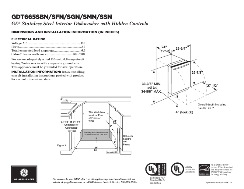 Page 1 of the manual Technical Sheet GE GDT665SYNFS