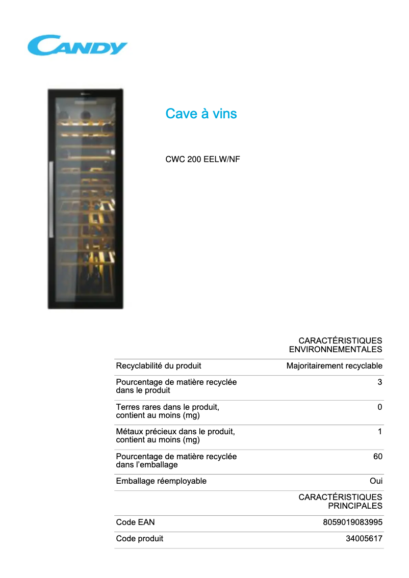 Image de la première page du manuel de l'appareil CWC 200 EELW/NF