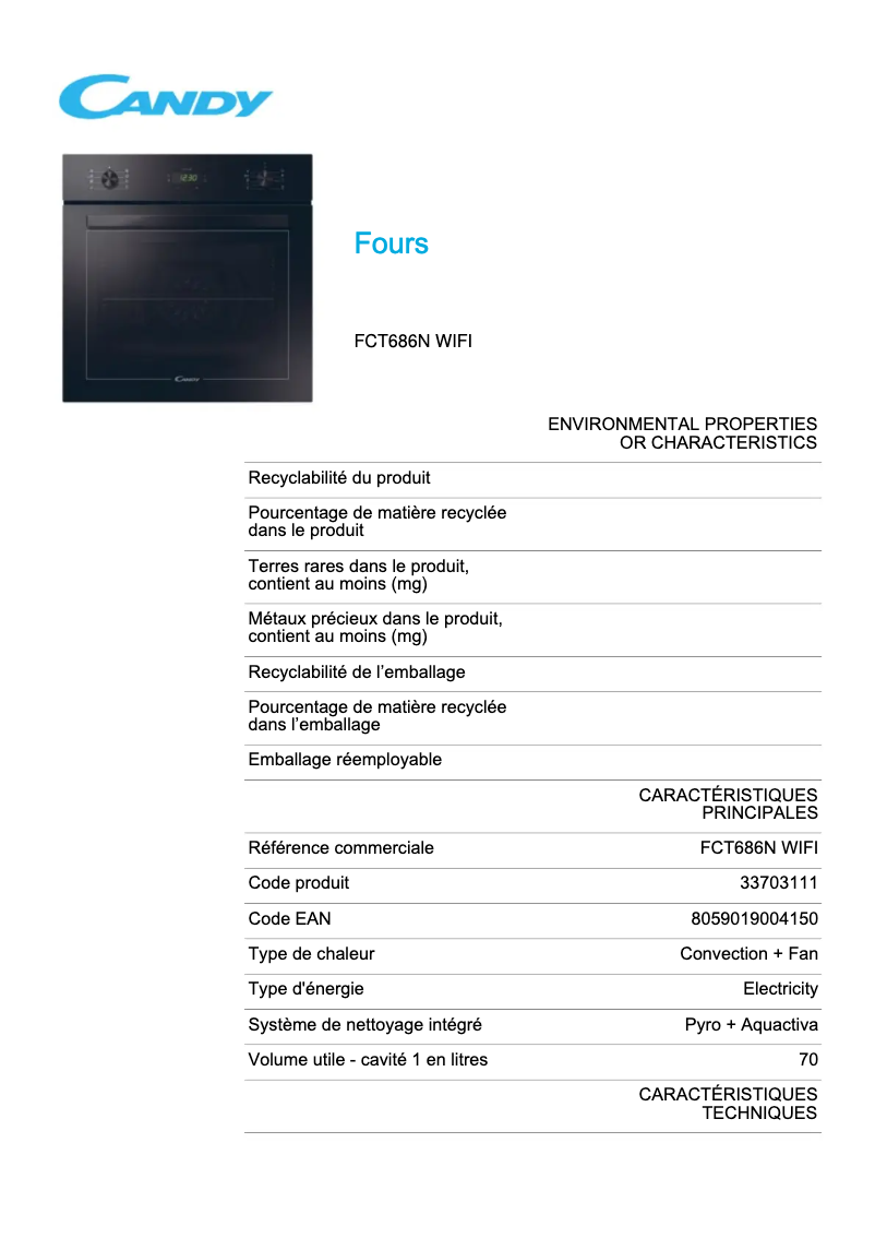 Page n°1 - Fiche technique Candy FCT686N WIFI