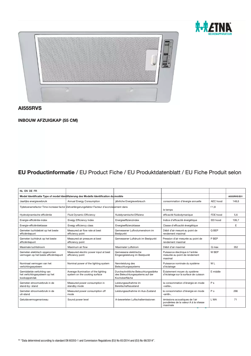 Page 1 de la notice Fiche technique Etna AI555RVS