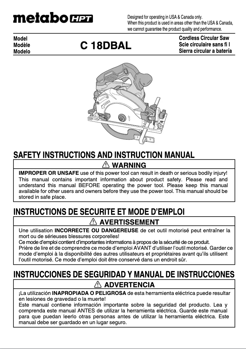 Page 1 de la notice Manuel utilisateur Metabo C 18DBAL