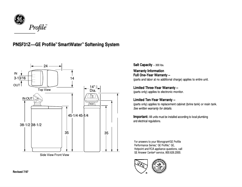 Página 1 del manual Ficha técnica GE Profile PNSF31Z