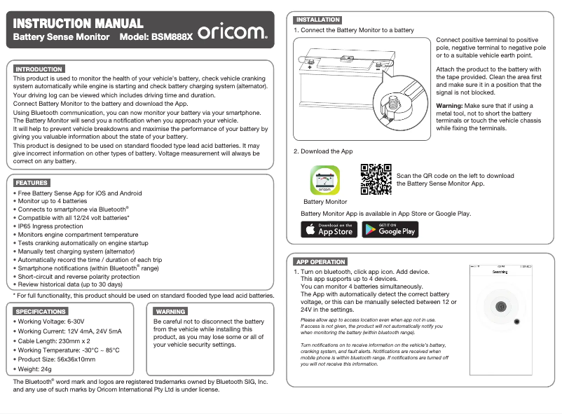 Page 1 de la notice Manuel utilisateur Oricom BSM888X