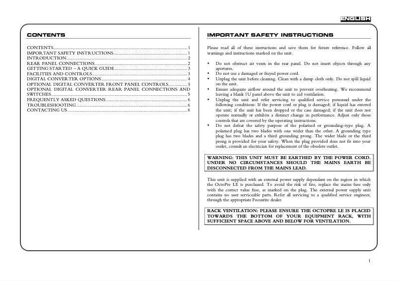 Page 1 de la notice Manuel utilisateur Focusrite Platinum OctoPre LE
