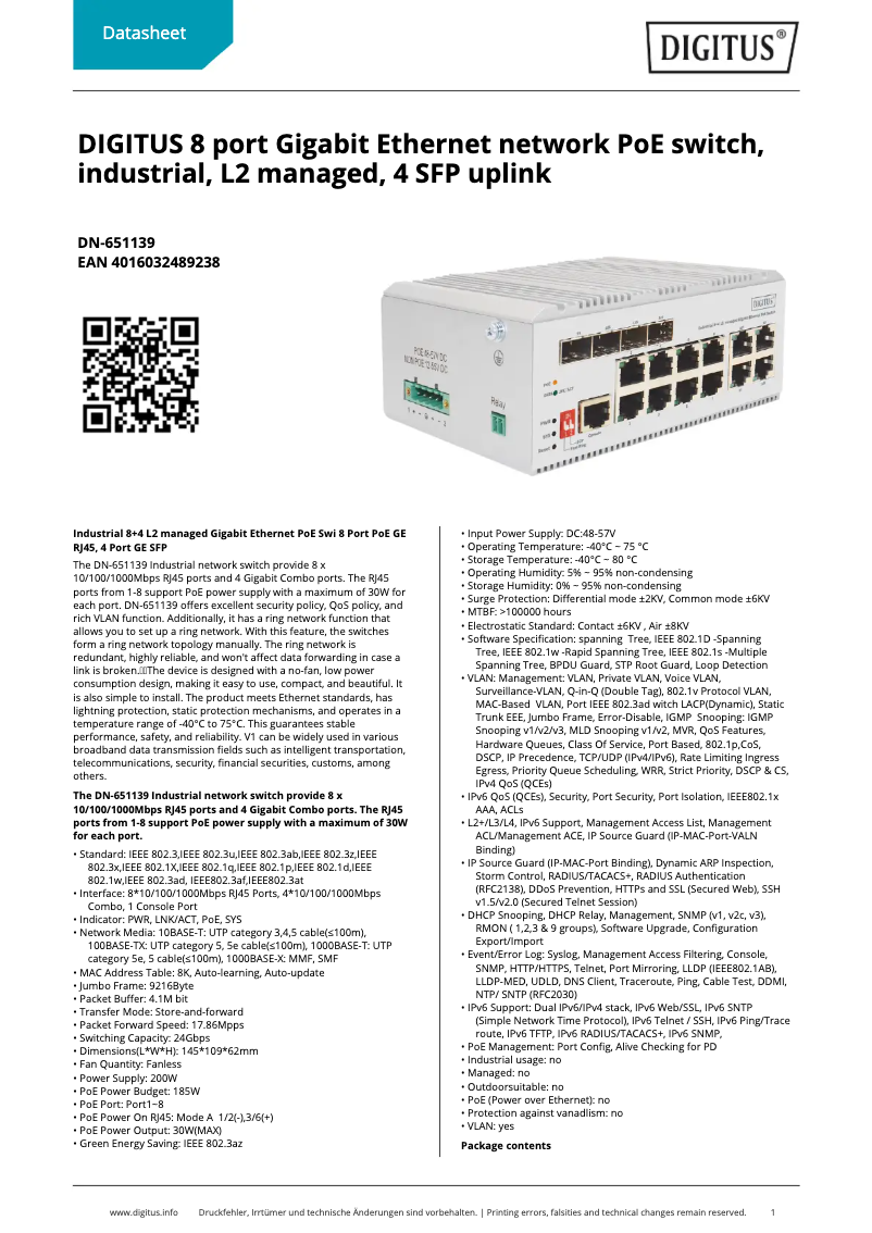 Page 1 de la notice Fiche technique Digitus DN-651139