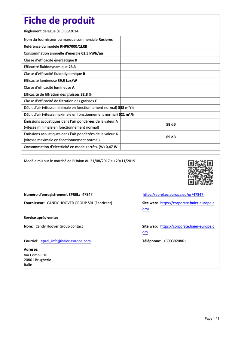 Page n°1 - Fiche technique Rosieres RHP 67000/1 LRB