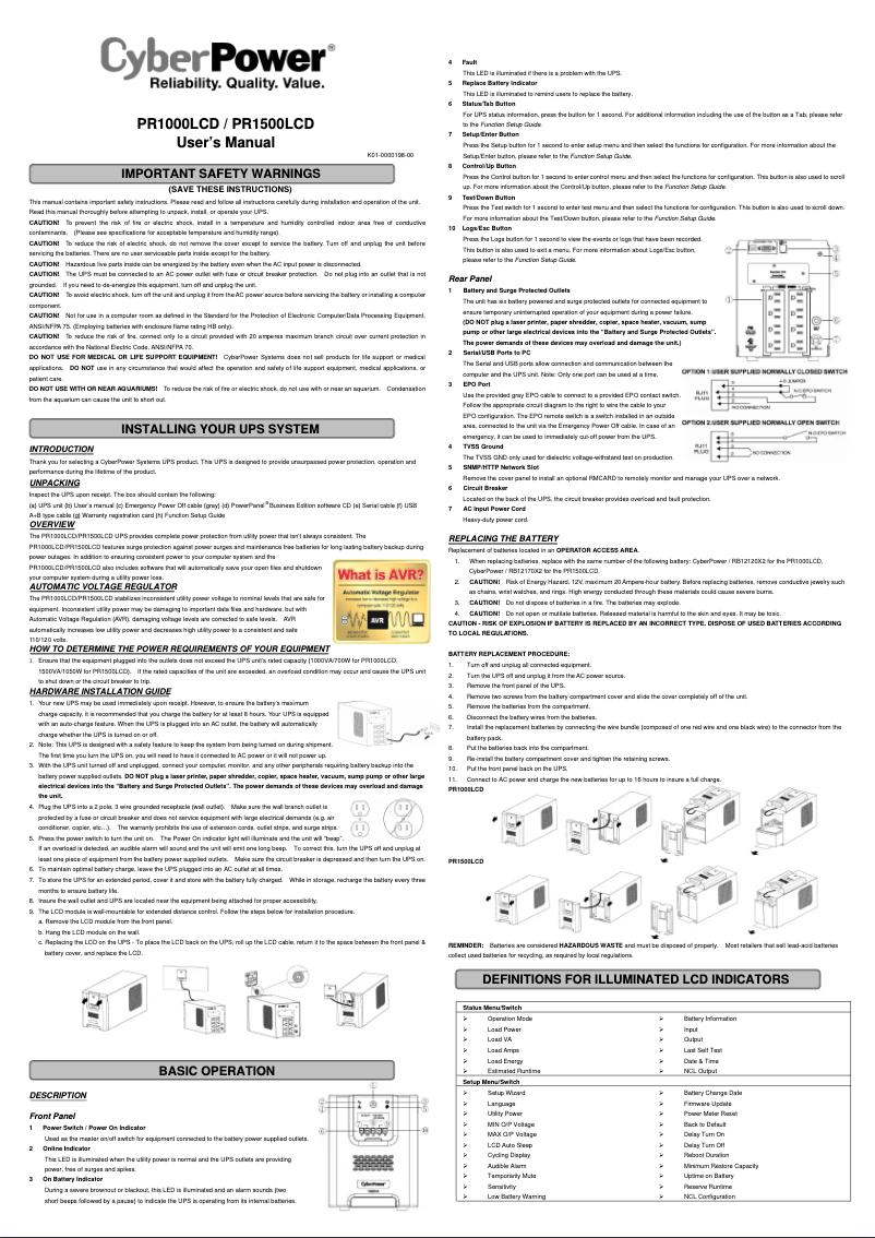 Page 1 de la notice Manuel utilisateur CyberPower PR1500LCDTAA
