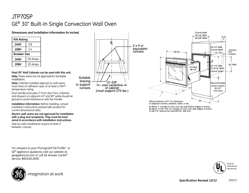 Page 1 de la notice Fiche technique GE JTP70SPSS