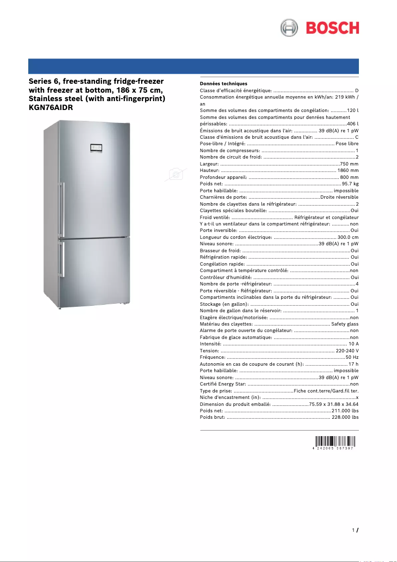 Page n°1 - Fiche technique Bosch KGN76AIDR