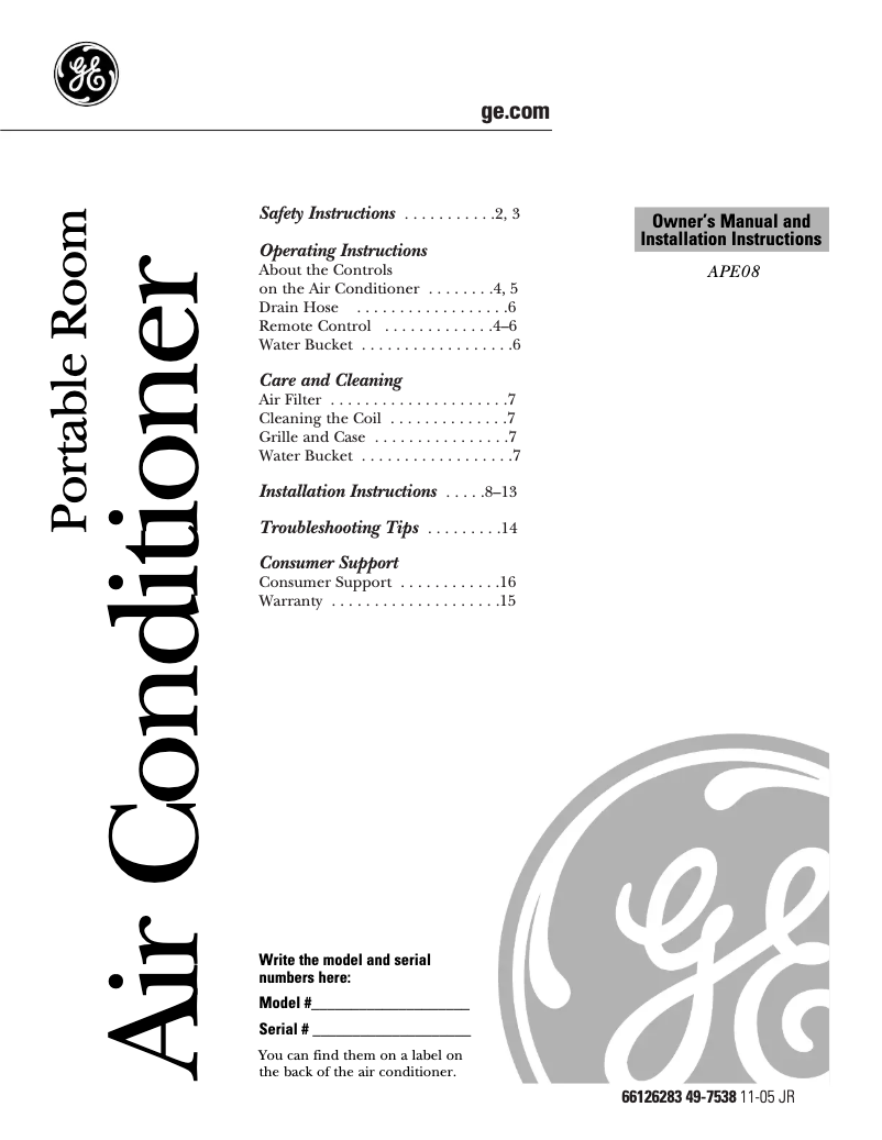 Page 1 de la notice Manuel utilisateur GE APE08AJ