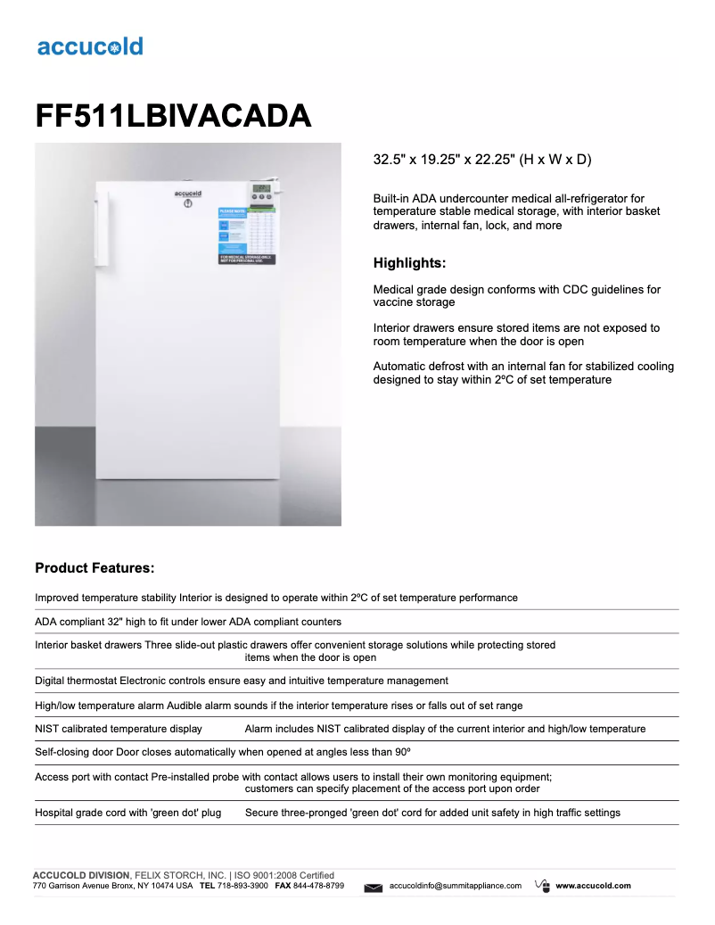 Page n°1 - Fiche technique Summit Accucold FF511LBIVACADA