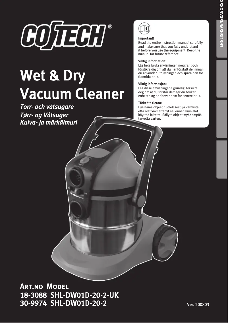 Page n°1 - Manuel utilisateur Cotech SHL-DW01D-20-2