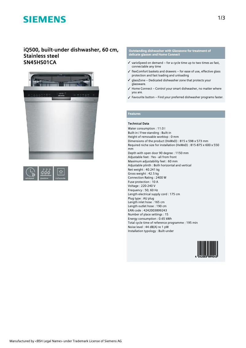Page n°1 - Fiche technique Siemens SN45HS01CA