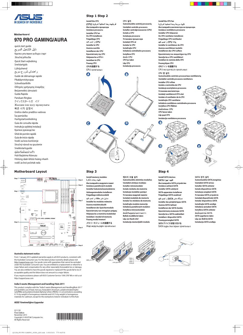Page 1 de la notice Guide de démarrage rapide Asus 970 PRO GAMING/AURA