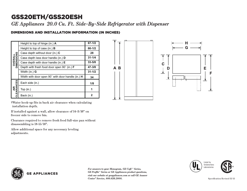 Página 1 del manual Ficha técnica GE GSS20ETHBB