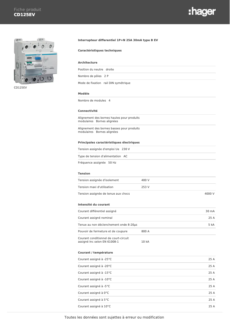 Page 1 de la notice Fiche technique Hager CD125EV