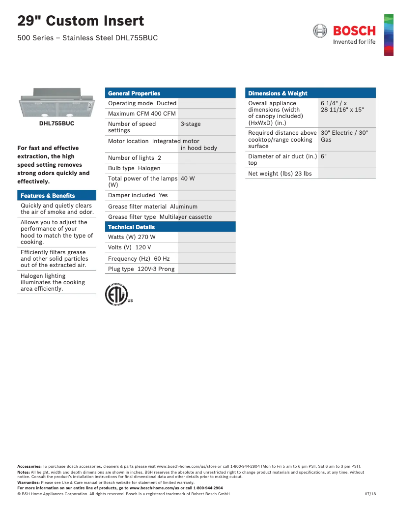 Page 1 de la notice Fiche technique Bosch DHL755BUC