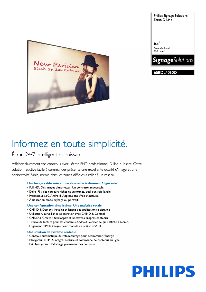 Page n°1 - Fiche technique Philips Signage Solutions 65BDL4050D