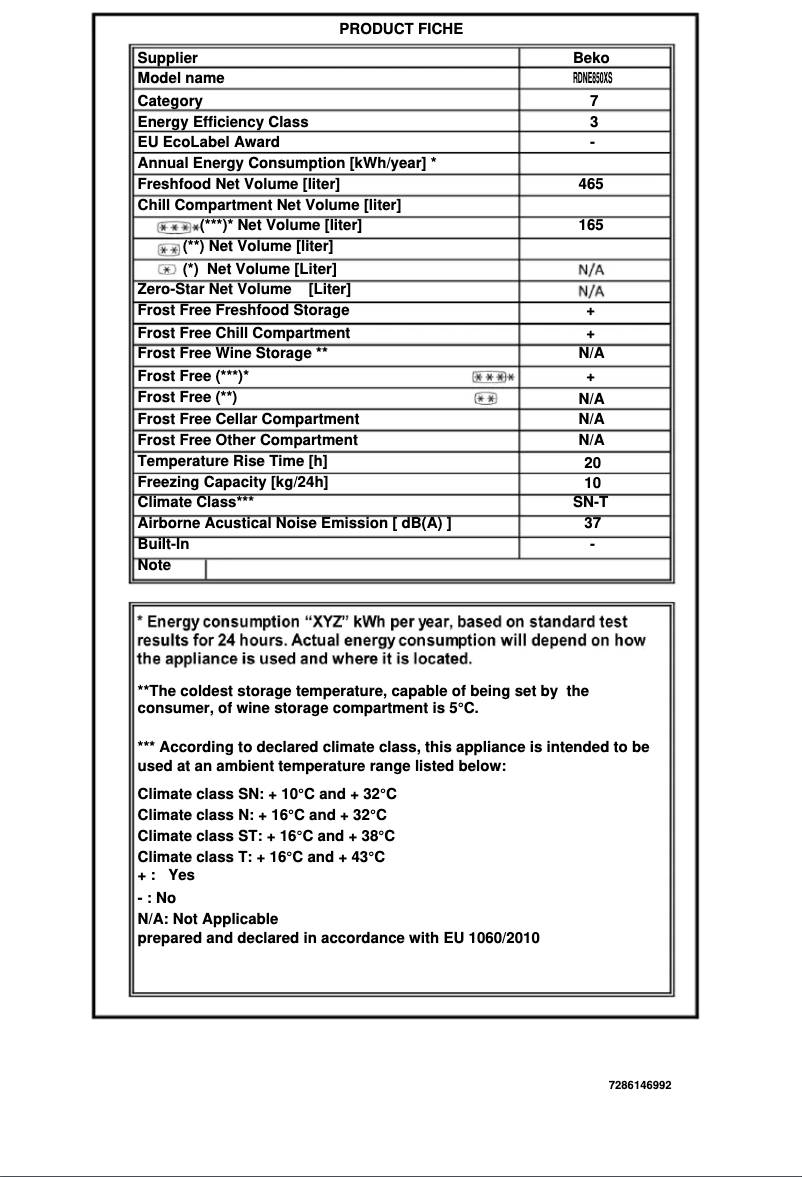 Page 1 de la notice Fiche technique Beko RDNE850XS