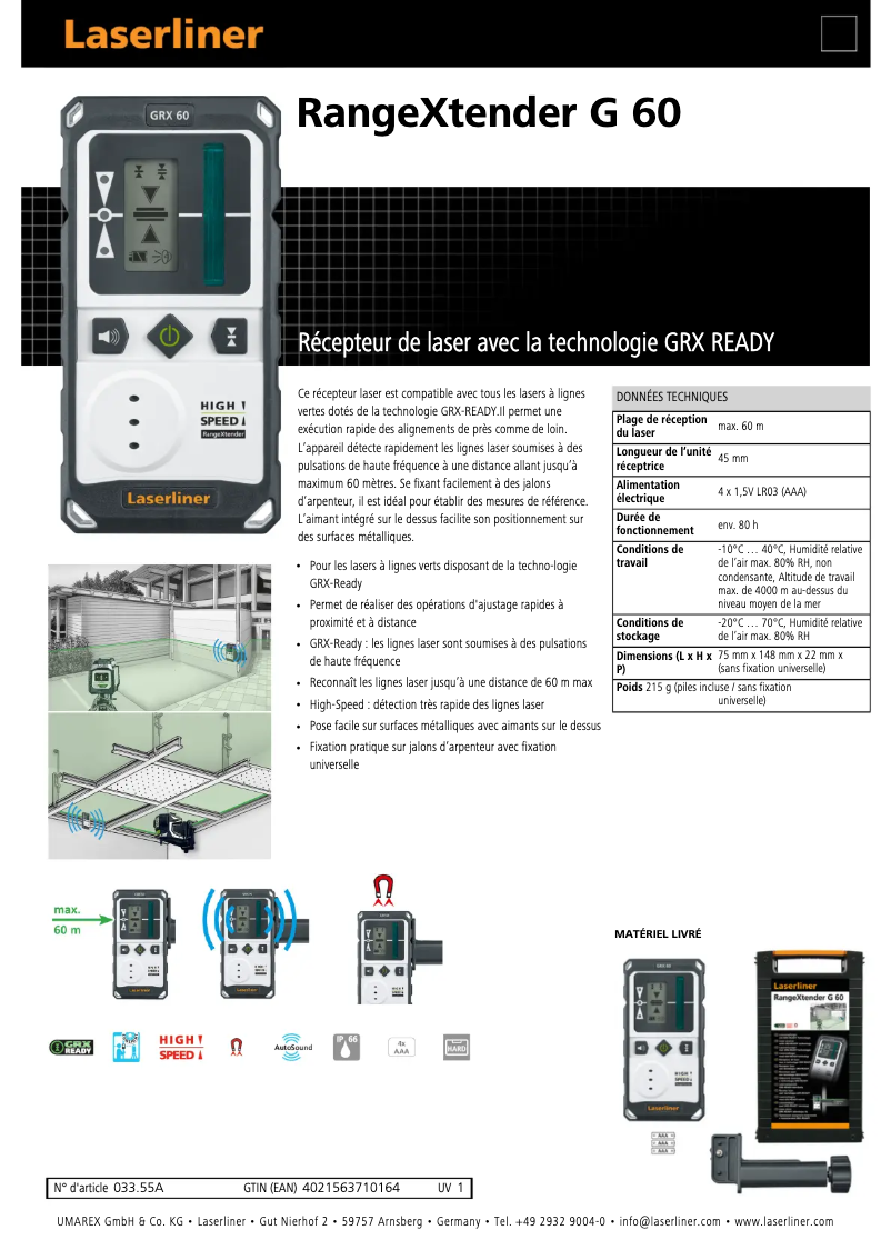 Page 1 de la notice Fiche technique Laserliner RangeXtender G 60