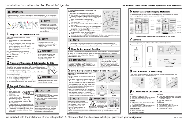 Page 1 de la notice Guide d'installation Frigidaire FGTR2044QF