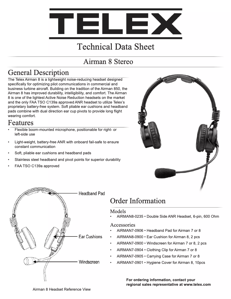Page 1 de la notice Fiche technique Telex Airman 8