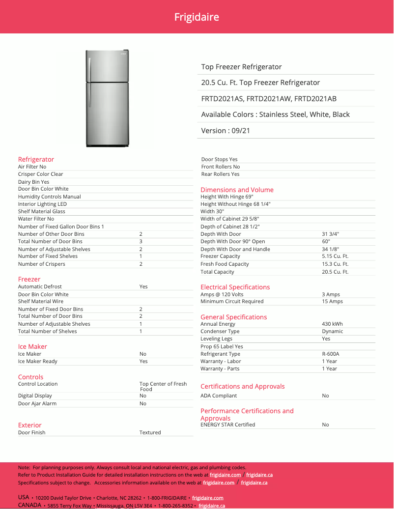 Page n°1 - Fiche technique Frigidaire FRTD2021AS