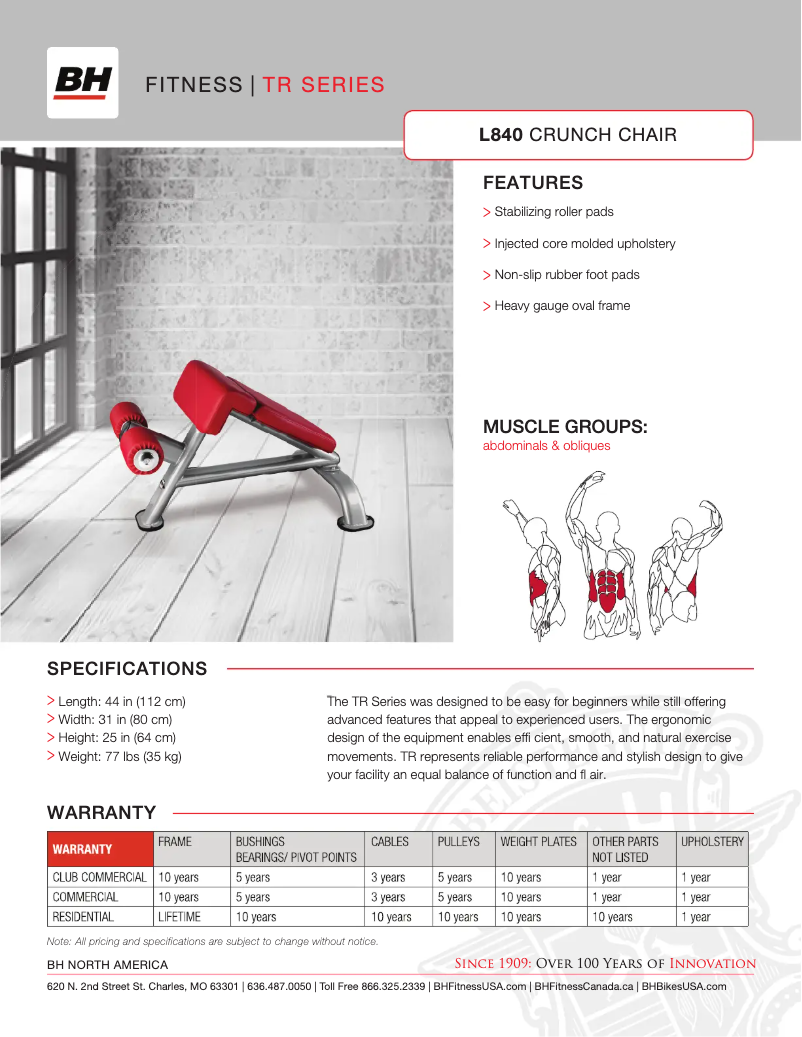 Página 1 del manual Ficha técnica BH Fitness L840