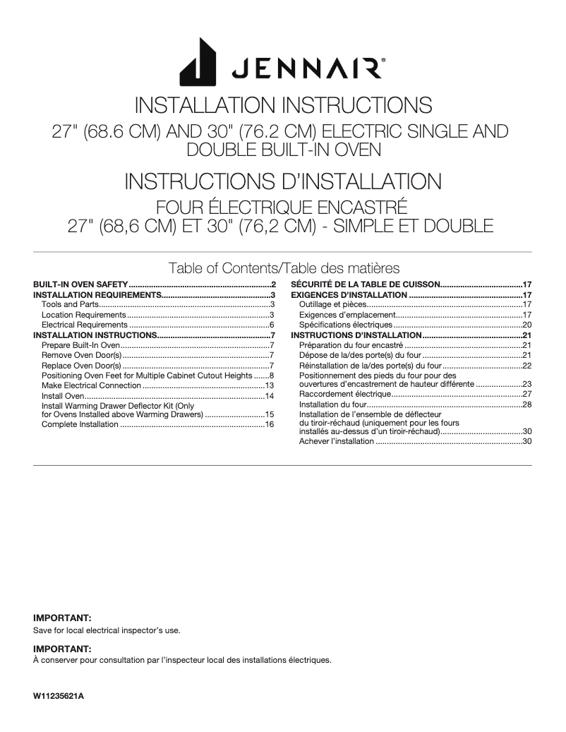 Page 1 de la notice Guide d'installation JennAir JJW2827IL