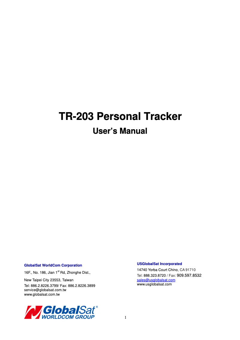 Page n°1 - Manuel utilisateur GlobalSat TR-203