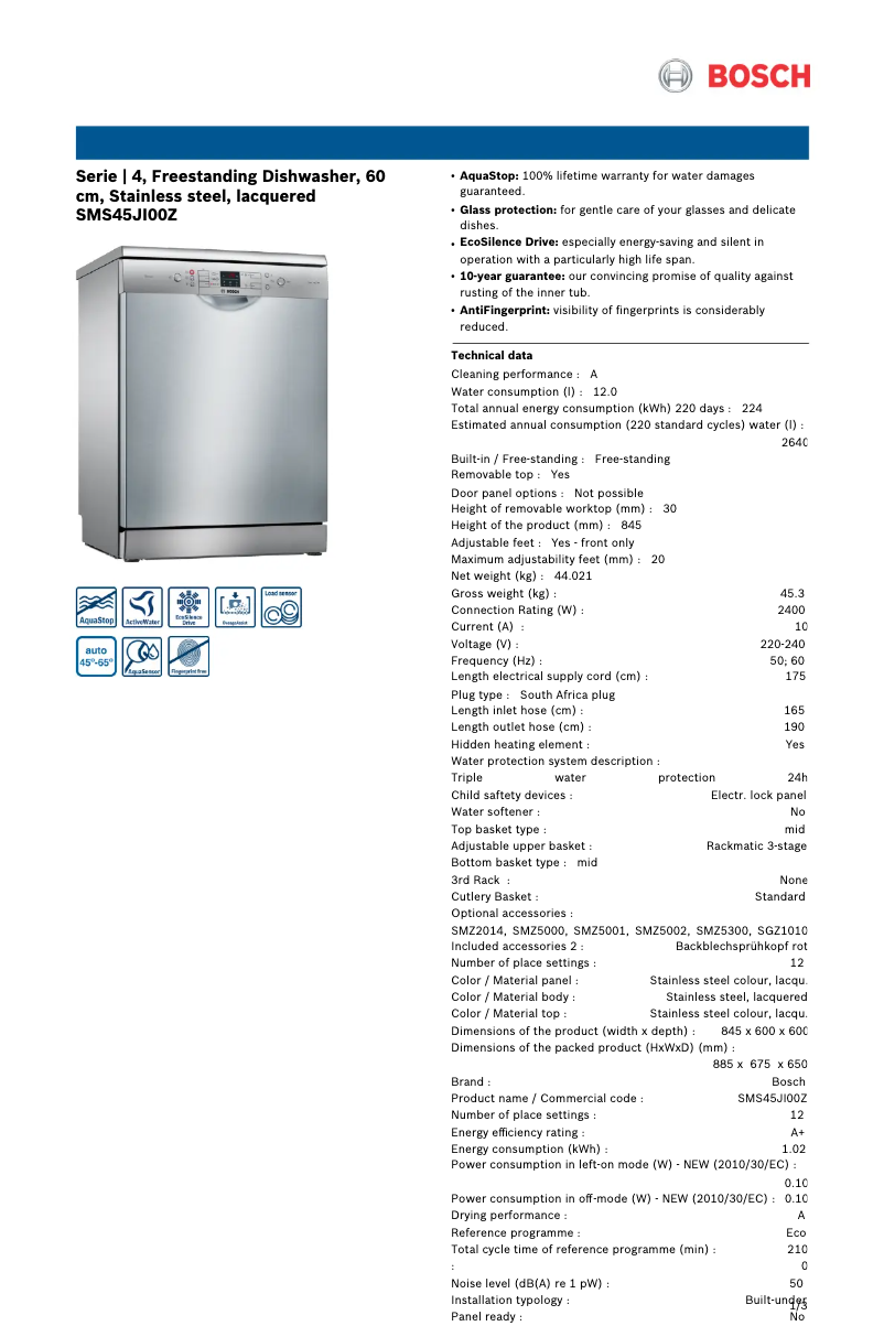 Page 1 de la notice Fiche technique Bosch SMS45JI00Z