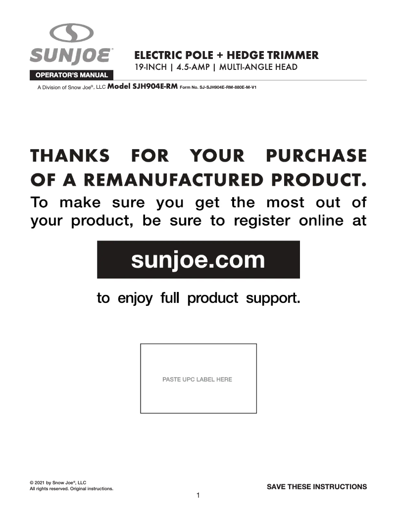 Page n°1 - Manuel utilisateur Sun Joe SJH904E-RM