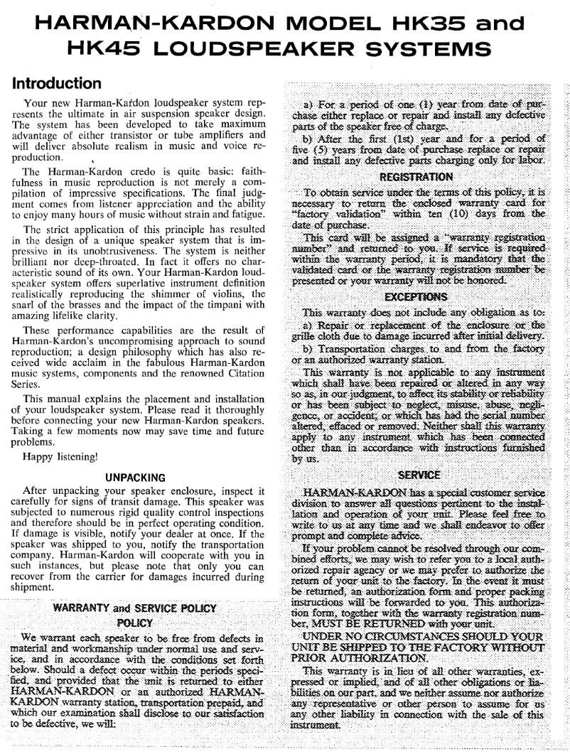 Page n°1 - Manuel utilisateur Harman Kardon HK35