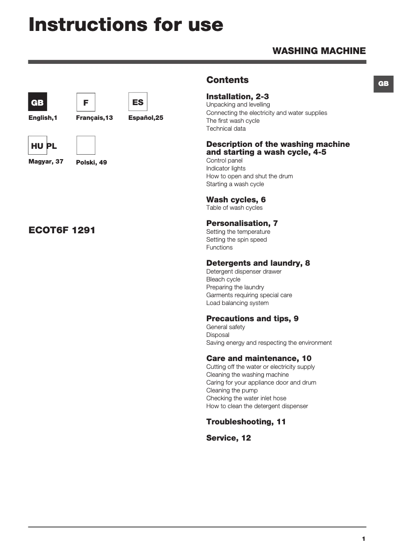 Página 1 del manual Manual de usuario Hotpoint Ariston ECOT6F 1291 (EU)