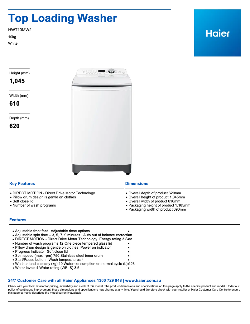 Page 1 de la notice Fiche technique Haier HWT10MW2