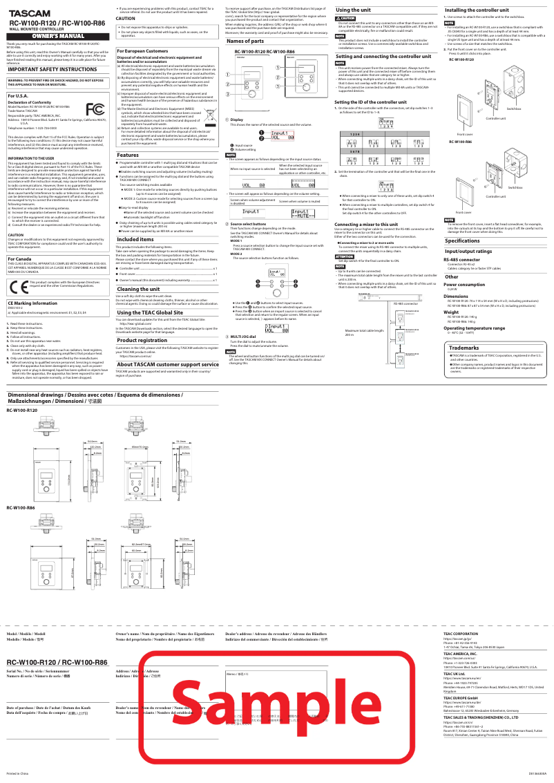 Page n°1 - Manuel utilisateur Tascam RC-W100