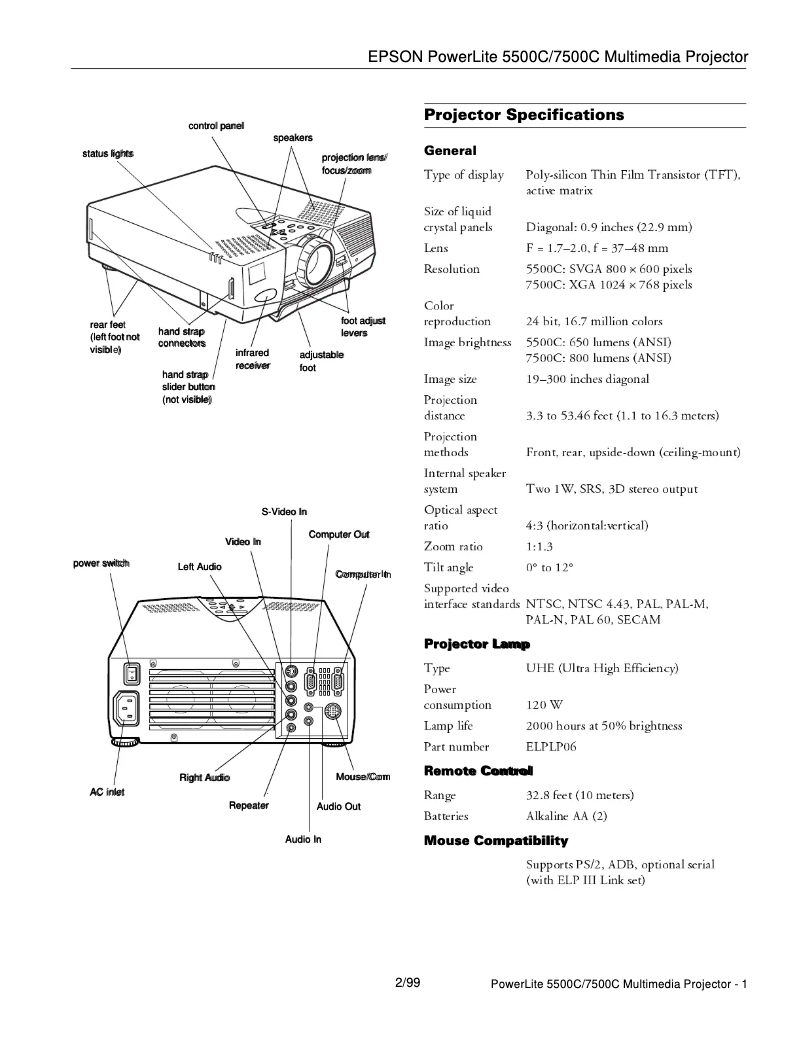 Page 1 de la notice Fiche technique Epson PowerLite 5500c