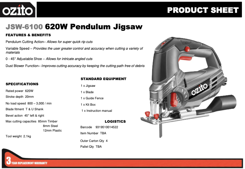 Page 1 de la notice Fiche technique Ozito JSW-6100
