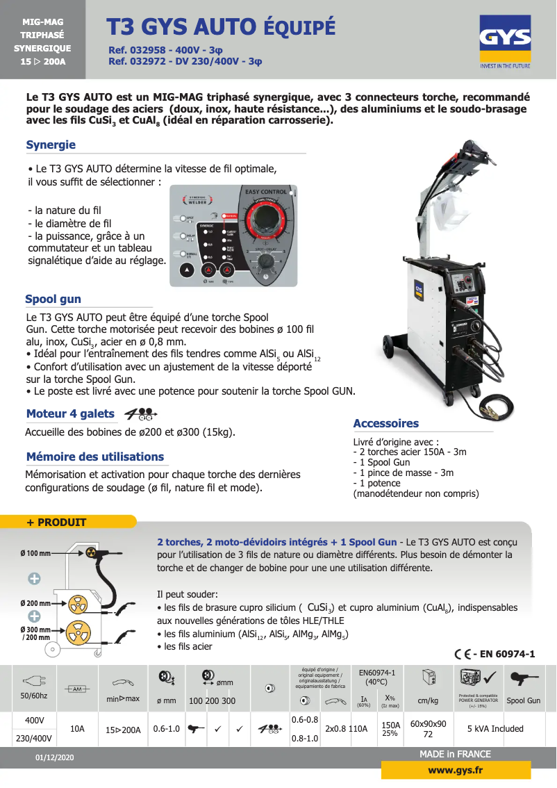 Page 1 de la notice Fiche technique GYS T3 GYS Auto DV