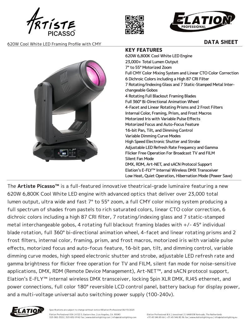 Page 1 de la notice Fiche technique Elation Artiste Picasso