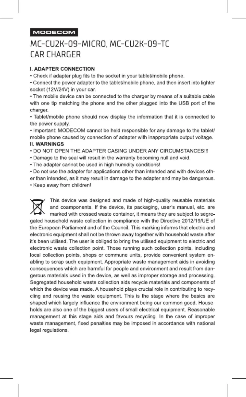 Page n°1 - Manuel utilisateur ModeCom MC-CU2K-09-MICRO
