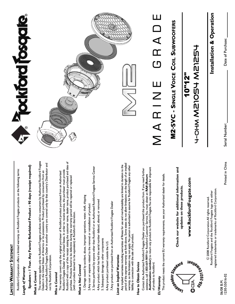 Page n°1 - Manuel utilisateur Rockford Fosgate Marine M210S4
