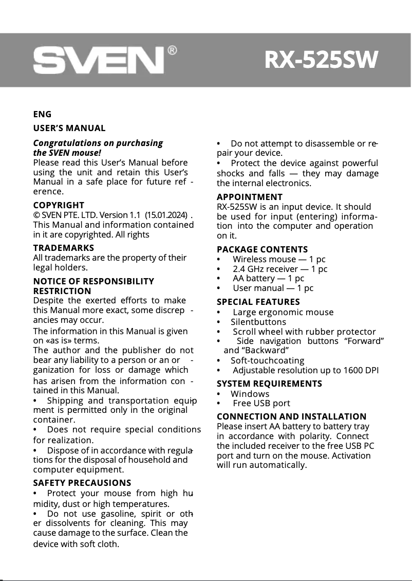 Image de la première page du manuel de l'appareil RX-525SW