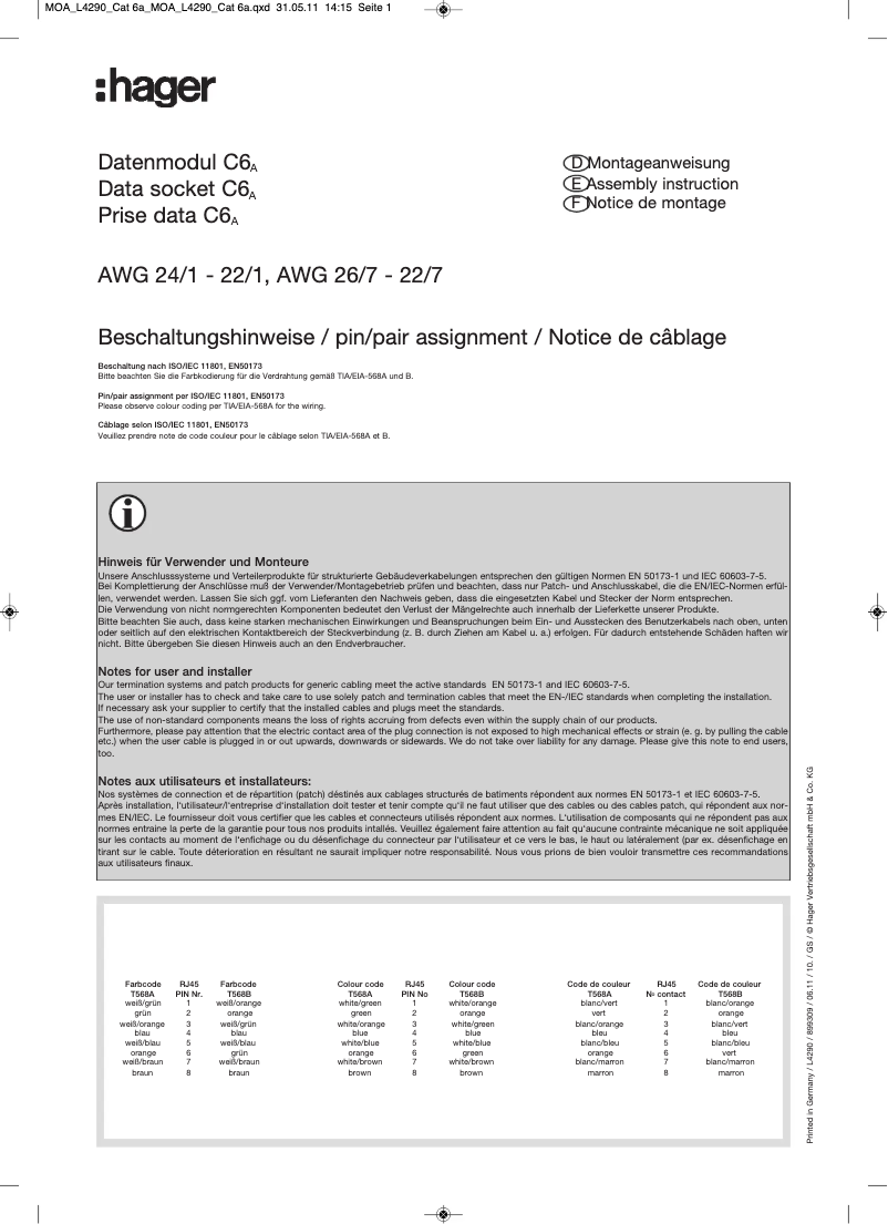 Page 1 de la notice Manuel utilisateur Hager SL200809209016